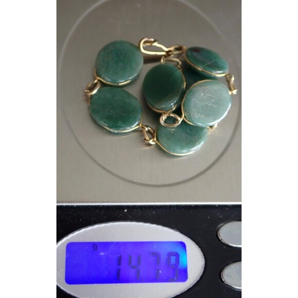 Green Aventurine Necklace & Matching Bracelet Stone Disk Gold Tone Wire Links - Picture 15 of 16